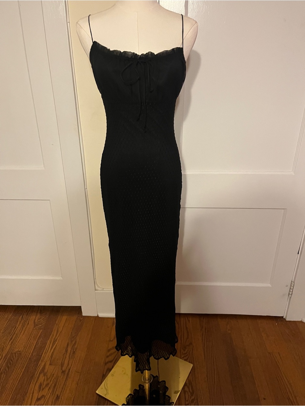 Plein Sud Jeans Black Siren Maxi Dress – Sheer Dot Mesh & Ruffled Bust